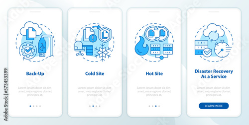 Types of disaster recovery blue onboarding mobile app screen. Walkthrough 4 steps editable graphic instructions with linear concepts. UI, UX, GUI template. Myriad Pro-Bold, Regular fonts used