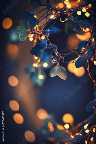 golden christmas leaf garland in blue bokeh ambiance light