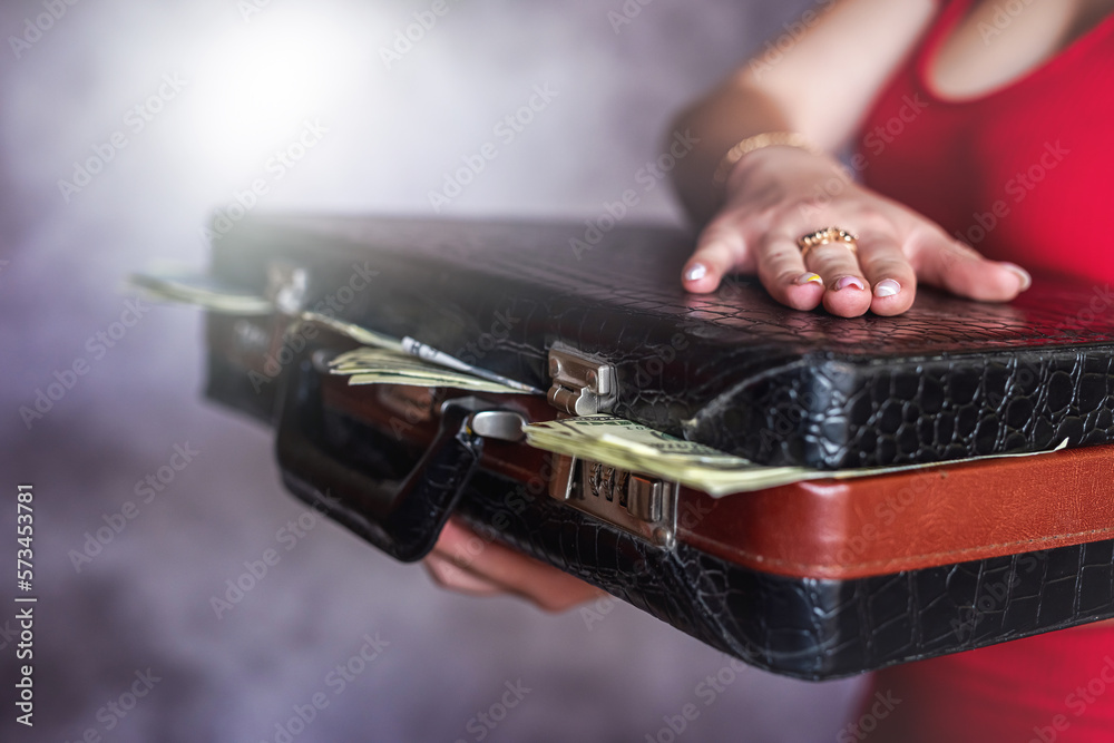 closeup woman in red dress holding briefcase full of dollars closeup woman in red dress holding briefcase full of dollars