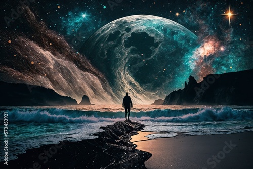 a person on a beach walking in line and looking at giant planet horizon, in the style of flowing surrealism, magewave, mixes realistic and fantastical elements photo