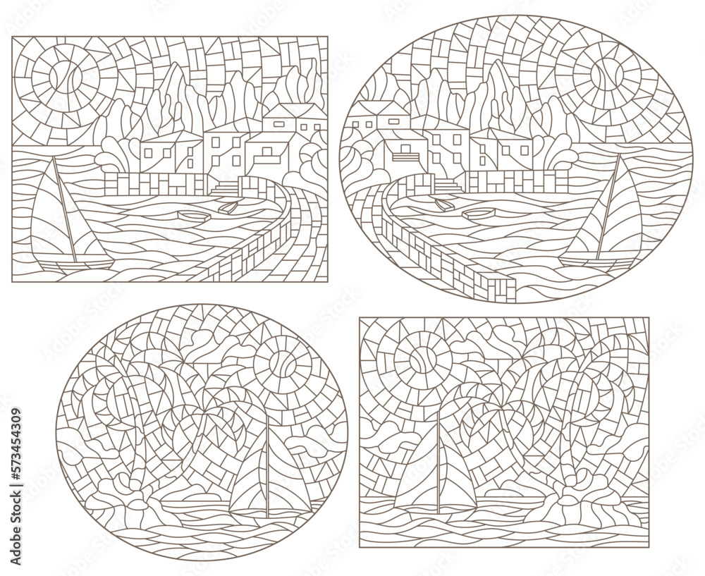 A set of contour illustrations in the style of stained glass with seascapes, dark contours on a white background