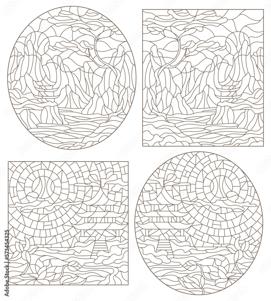 Set of contour illustrations in stained glass style with mountain Eastern landscapes with temples on the lake shore, dark outlines on a white background Set of contour illustrations in stained glass style with mountain Eastern landscapes with temples on the lake shore, dark outlines on a white background