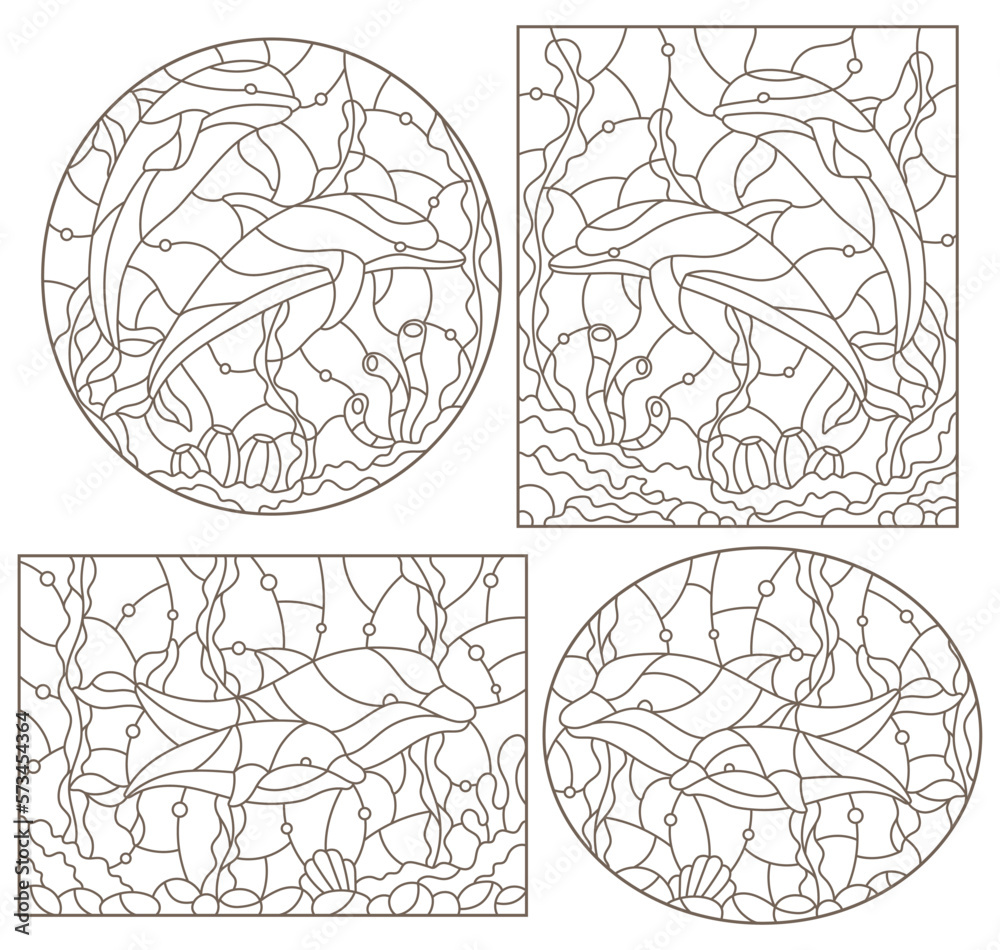 A set of contour illustrations of stained glass Windows with dolphins on the background of the seabed , dark contours on a white background A set of contour illustrations of stained glass Windows with dolphins on the background of the seabed , dark contours on a white background