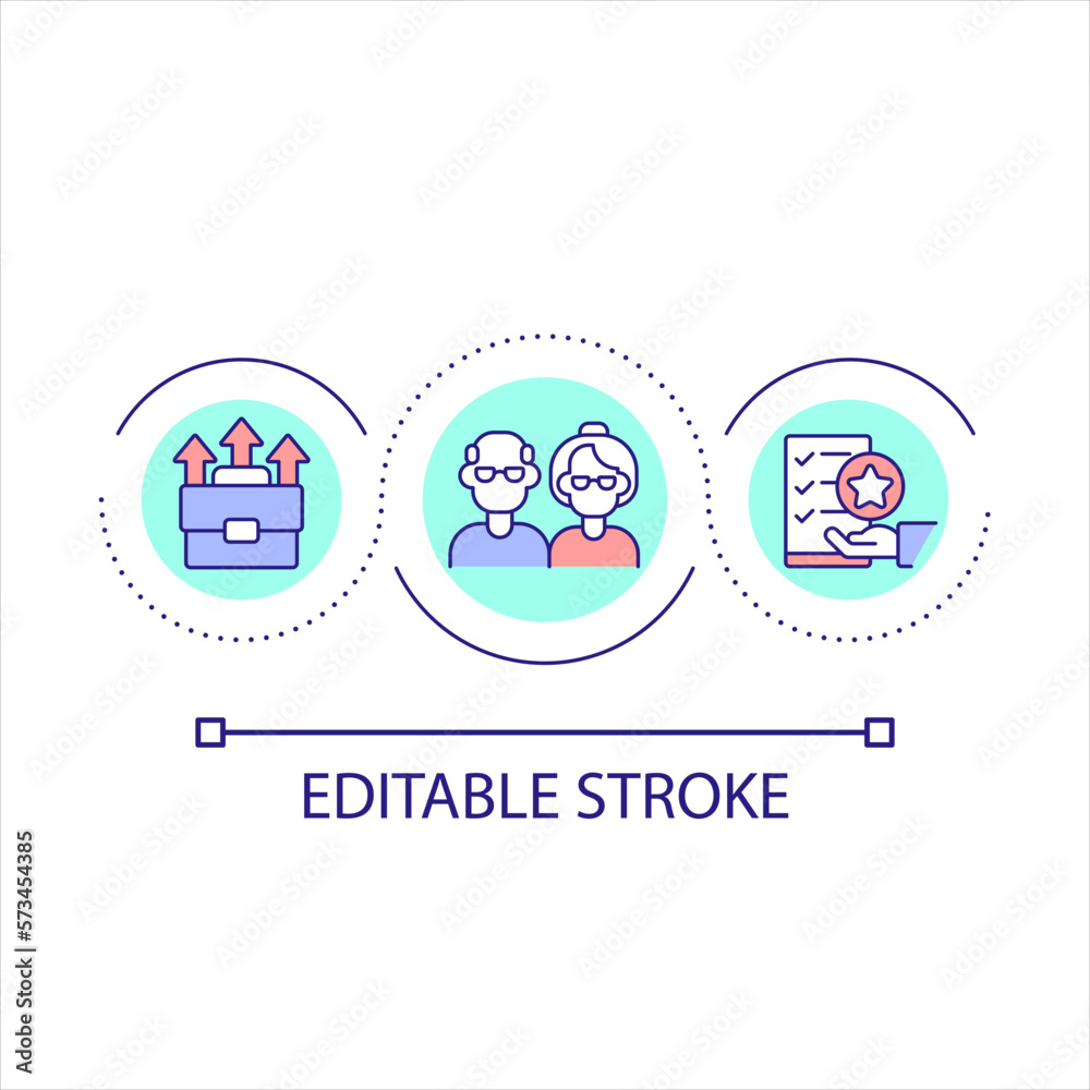 Support older employee in workplace loop concept icon. Chance to get job for mature candidates abstract idea thin line illustration. Isolated outline drawing. Editable stroke. Arial font used