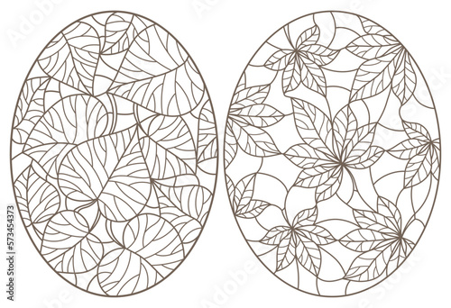 Set of outline illustrations of stained glass Windows with leaves of trees, dark outlines on light background