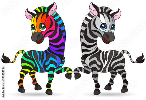 A set of stained glass illustrations with cartoon zebras  animals isolated on a white background