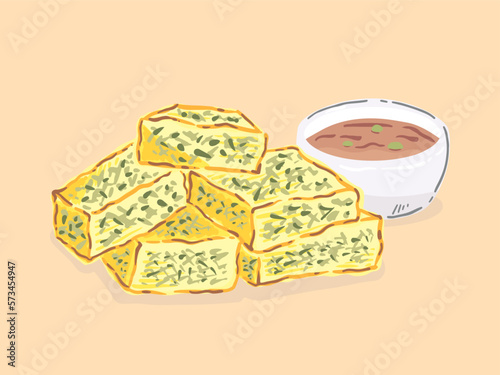 Omelet with acacia leaves (Kai Jeow Cha Om) and Shrimp paste chili dipping sauce (Nam Prik Kapi), Thai Cuisine on a white background, Food hand drawn, vector illustration.
