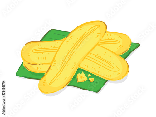 Crispy Banana Chips on a banana leaf, Food hand drawn, vector illustration.