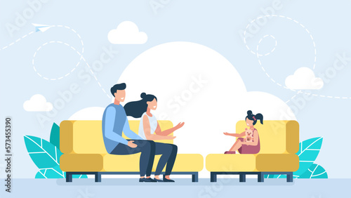 Education and training of a child. Happy family smiling sitting on a couch. Joyful parents and children spending time together at home. Parents raise and teach their daughter. Vector flat illustration