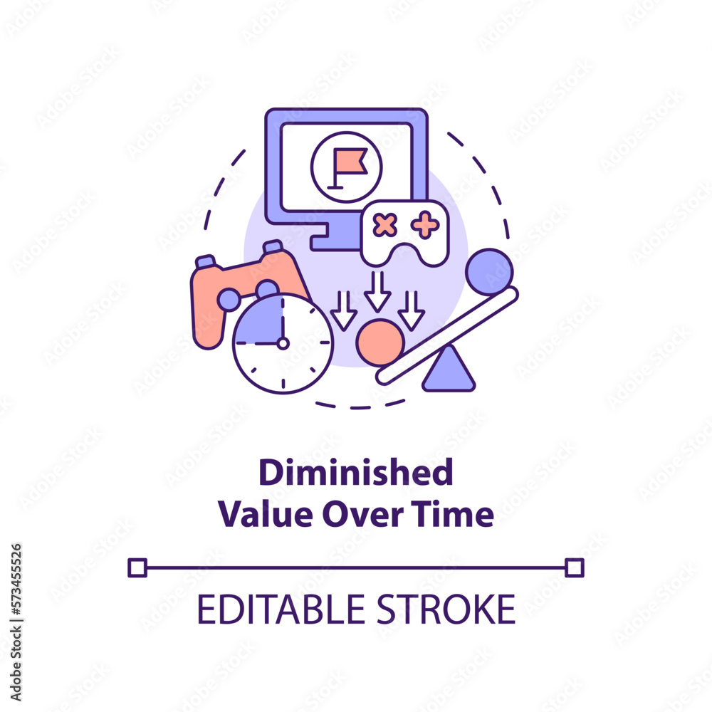 Diminished value over time concept icon. Gamification challenges in e learning abstract idea thin line illustration. Isolated outline drawing. Editable stroke. Arial, Myriad Pro-Bold fonts used Diminished value over time concept icon. Gamification challenges in e learning abstract idea thin line illustration. Isolated outline drawing. Editable stroke. Arial, Myriad Pro-Bold fonts used