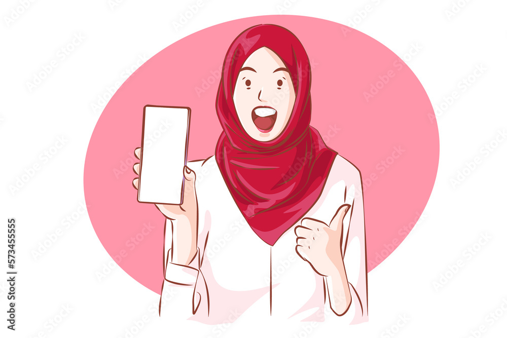 Cheerful Muslim Showing Blank Smartphone Against White Screen, Enjoying New Mobile Application or Website, Mockup,. Vector cartoon. Cheerful Muslim Showing Blank Smartphone Against White Screen, Enjoying New Mobile Application or Website, Mockup,. Vector cartoon.