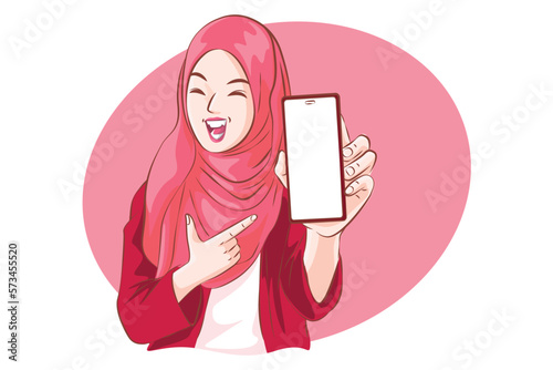 Cheerful Muslim Showing Blank Smartphone Against White Screen, Enjoying New Mobile Application or Website, Mockup, viva magenta color trend.Vector cartoon.
