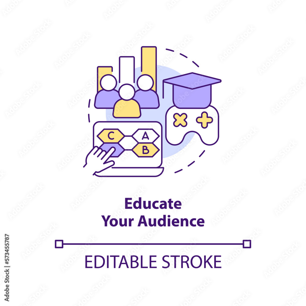 Educate your audience concept icon. Digital marketing gamification pros abstract idea thin line illustration. Isolated outline drawing. Editable stroke. Arial, Myriad Pro-Bold fonts used Educate your audience concept icon. Digital marketing gamification pros abstract idea thin line illustration. Isolated outline drawing. Editable stroke. Arial, Myriad Pro-Bold fonts used