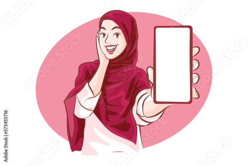 Cheerful Muslim Showing Blank Smartphone Against White Screen, Enjoying New Mobile Application or Website, Mockup, viva magenta color trend.Vector cartoon.