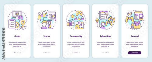 Game mechanics in gamification onboarding mobile app screen. Playing walkthrough 5 steps editable graphic instructions with linear concepts. UI, UX, GUI template. Myriad Pro-Bold, Regular fonts used