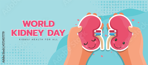 World kidney day - Two hand holding kidney charecter with heart around on soft blue background vector design