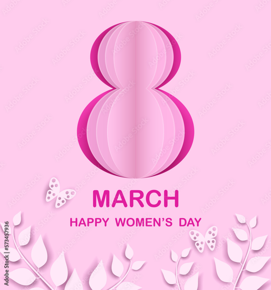 8 march. Happy Woman's Day.  Design with number on pink background. Vector.