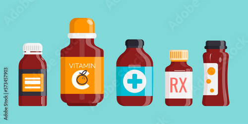 Set of different Medical Bottles with Medicines. Tablets and capsules, syrups and vitamins. Vector illustration.