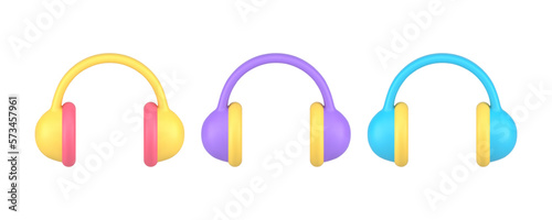 Headphones audio broadcasting media music entertainment DJ stereo sound 3d icon set realistic vector