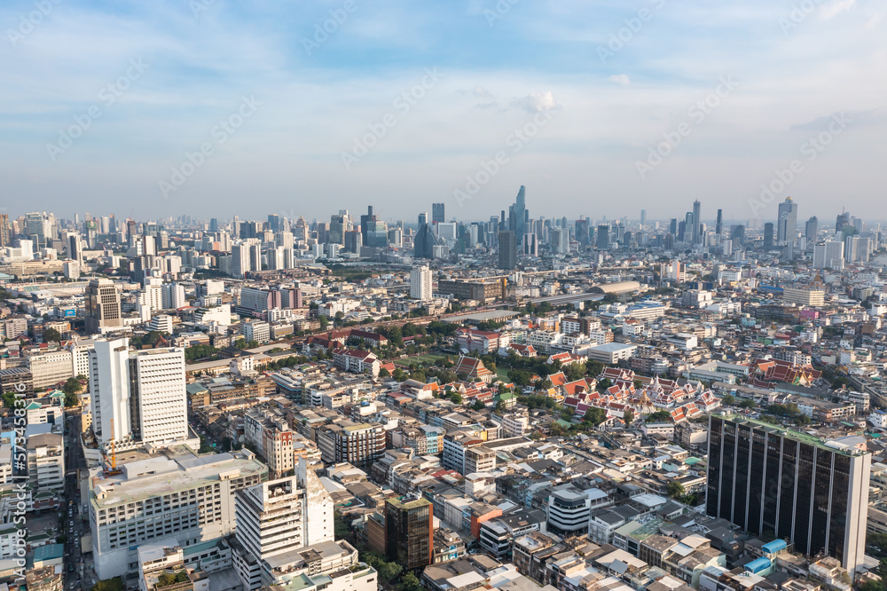 A view from above provides a stunning look at the urban landscape of Bangkok.