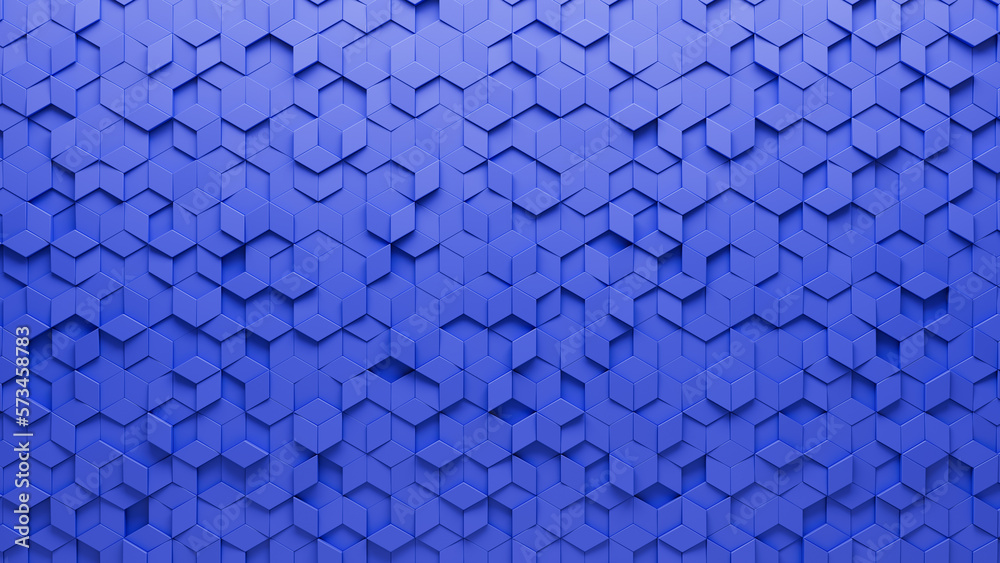 Polished Tiles arranged to create a 3D wall. Diamond Shaped, Futuristic Background formed from Blue blocks. 3D Render