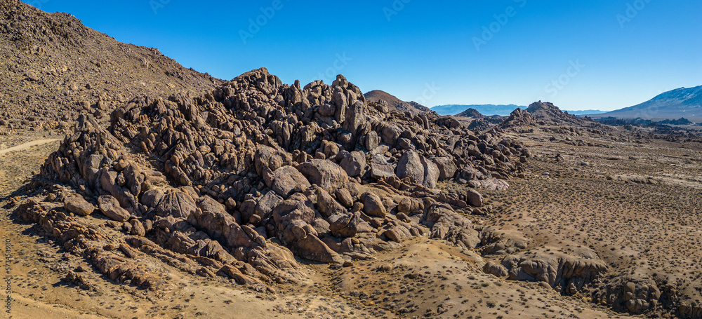 Alabama Hills with Mount Whitney in the back. Movie Raod. Aerial Panorama