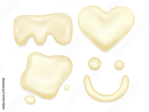 Set of condensed milk, white liquid, mayonnaise, sauce creamy or yogurt, Various shapes, Vector illustration isolated on a white background.