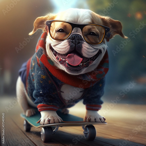 dog on a skateboard, smiling wearing a dog sweater with a cool glasses on top of his head, created using generated AI. © vector image
