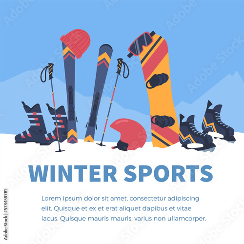 Winter sports poster or banner with sport equipment flat vector illustration.