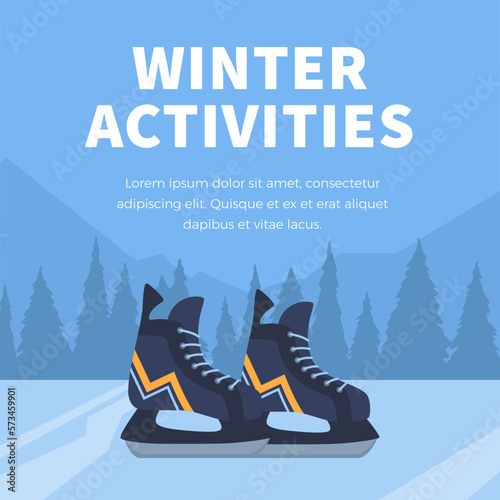 Squared banner with skates about winter activities flat style