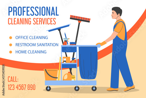 Professional cleaning service vector web banner template. Cleaning service worker walking with a cart full of professional cleaning equipment vector isolated. Cleaner in uniform.