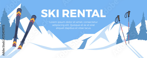 Ski rental poster or banner with sport equipment flat vector illustration.