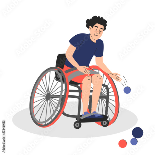 Happy man in wheelchair playing boccia game vector isolated. Male character throwing ball. Champion player, boccia tournament.
