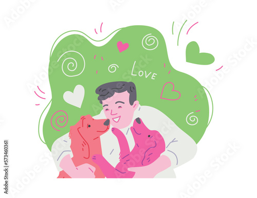 Love between dog and owner with man petting and hugging dog  flat vector isolated.