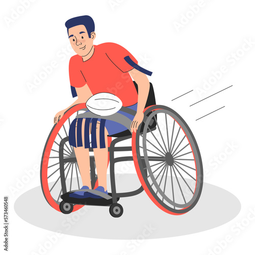 Man in wheelchair paying rugby vector isolated. Male character with a ball. Sport game competition. Active lifestyle.