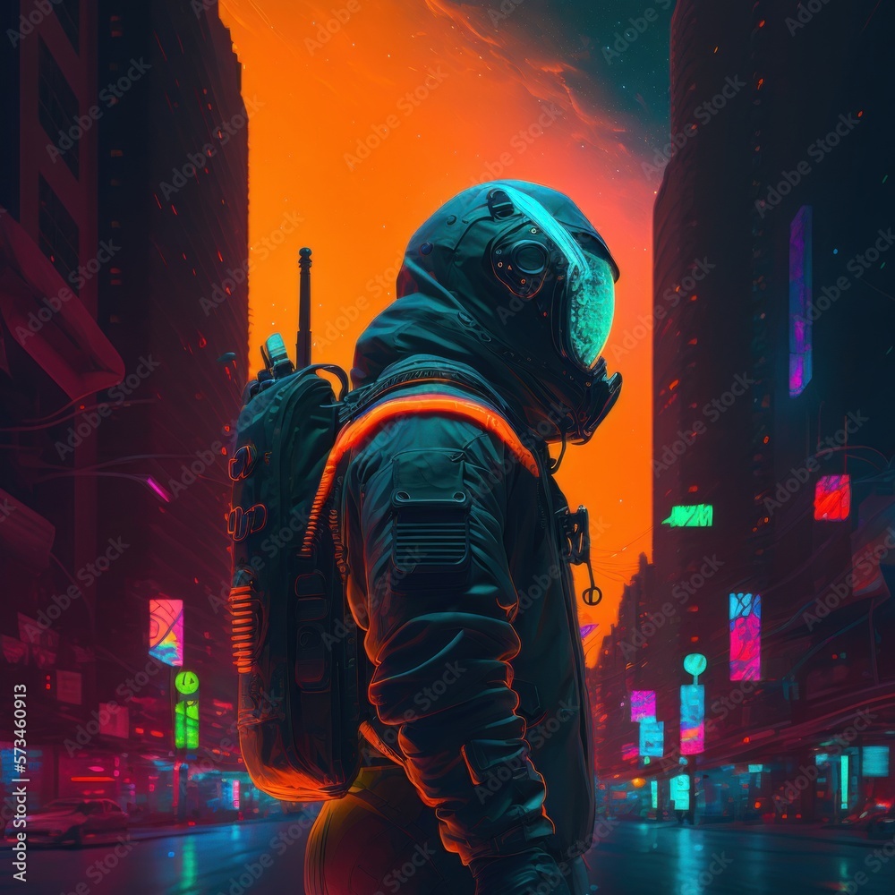 Astronaut in a neon cityscape. Sci-fi exploration concept | generative AI

