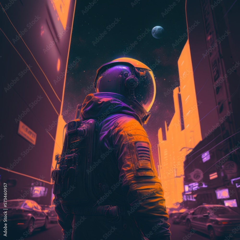 Obraz premium Astronaut in a neon cityscape. Sci-fi exploration concept | generative AI