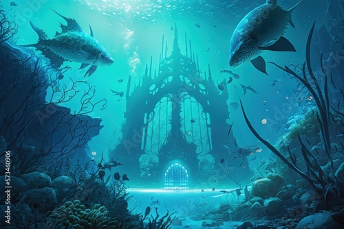 An underwater city with bioluminescent flora and fauna. Futuristic aquatic civilization concept   generative AI 