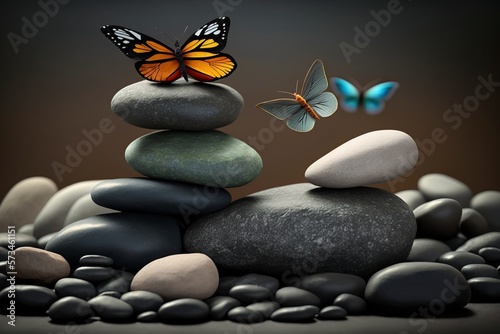 illustration, zen stones, stacked pebbles and butterflies in a spa, ai generative