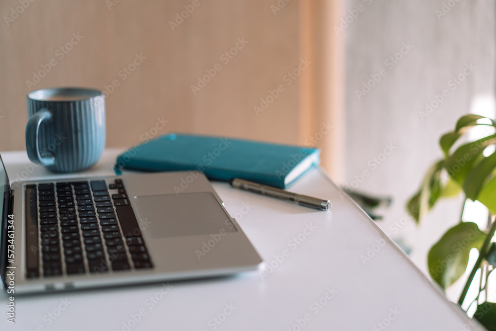 Laptop with coffee cup on desktop with notepad and home plants. Laptop with coffee cup on desktop with notepad and home plants.