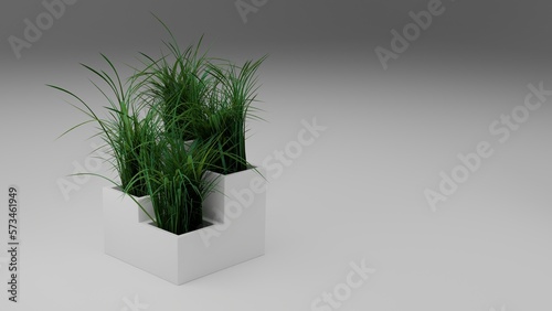 Zielona trawa w białej, kwadratowej, ceramicznej doniczce na jasnym tle z miejscem na tekst