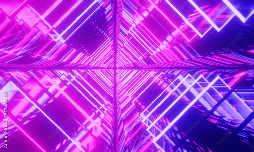 Obraz premium Motion abstract digital square colorful neon background. Street of futuristic digitally generated illustration. Big data computer, network blue neon light. Sci Fi Neon Glowing Lights in dark.