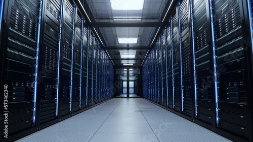 Establishing Shot of Working Data Center. Advanced Cloud Computing Concept. Corridor with Server Racks with Blinking Lights.