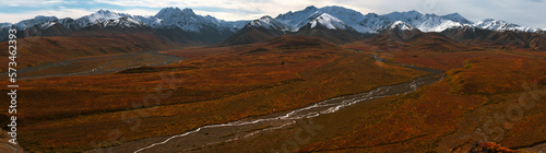 Panoramic view of the snow capped Polychrome Mountains in Denali National Park with glacial rivers and fall colors.