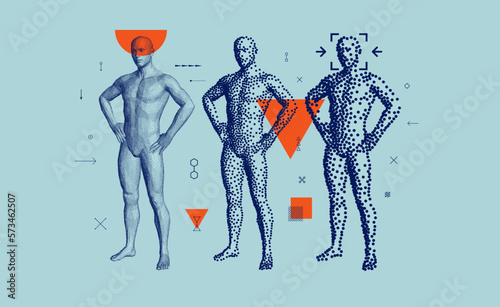 3D human body models. Technologies for personal identification. Robotics concept. Facial recognition. Biometric scanning. Cyber security. Vector for brochure, flyer, presentation or banner.