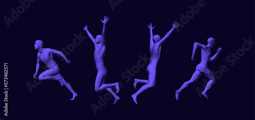Men running in different directions. Running man or marathon runner. 3D human body model. Design for sport. Vector illustration composed of particles.