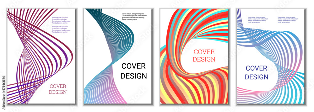 A set of 4 abstract covers. Wavy parallel gradient lines, ribbons evolve. Cover design, background. Trendy banner, poster. A set of 4 abstract covers. Wavy parallel gradient lines, ribbons evolve. Cover design, background. Trendy banner, poster.