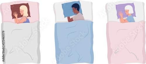 Sleeping people cuddling pillows semi flat color vector characters set. Editable figures. Full body women, man on white. Simple cartoon style illustration pack for web graphic design and animation