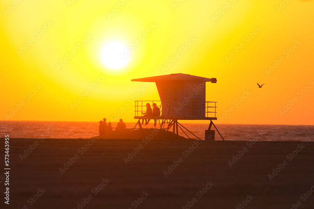 Silhouette of lifeguard tower at Huntington Beach, Orange County, California, USA Silhouette of lifeguard tower at Huntington Beach, Orange County, California, USA