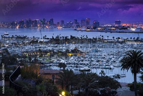 San Diego city waterfront with marina at night, California, USA photo